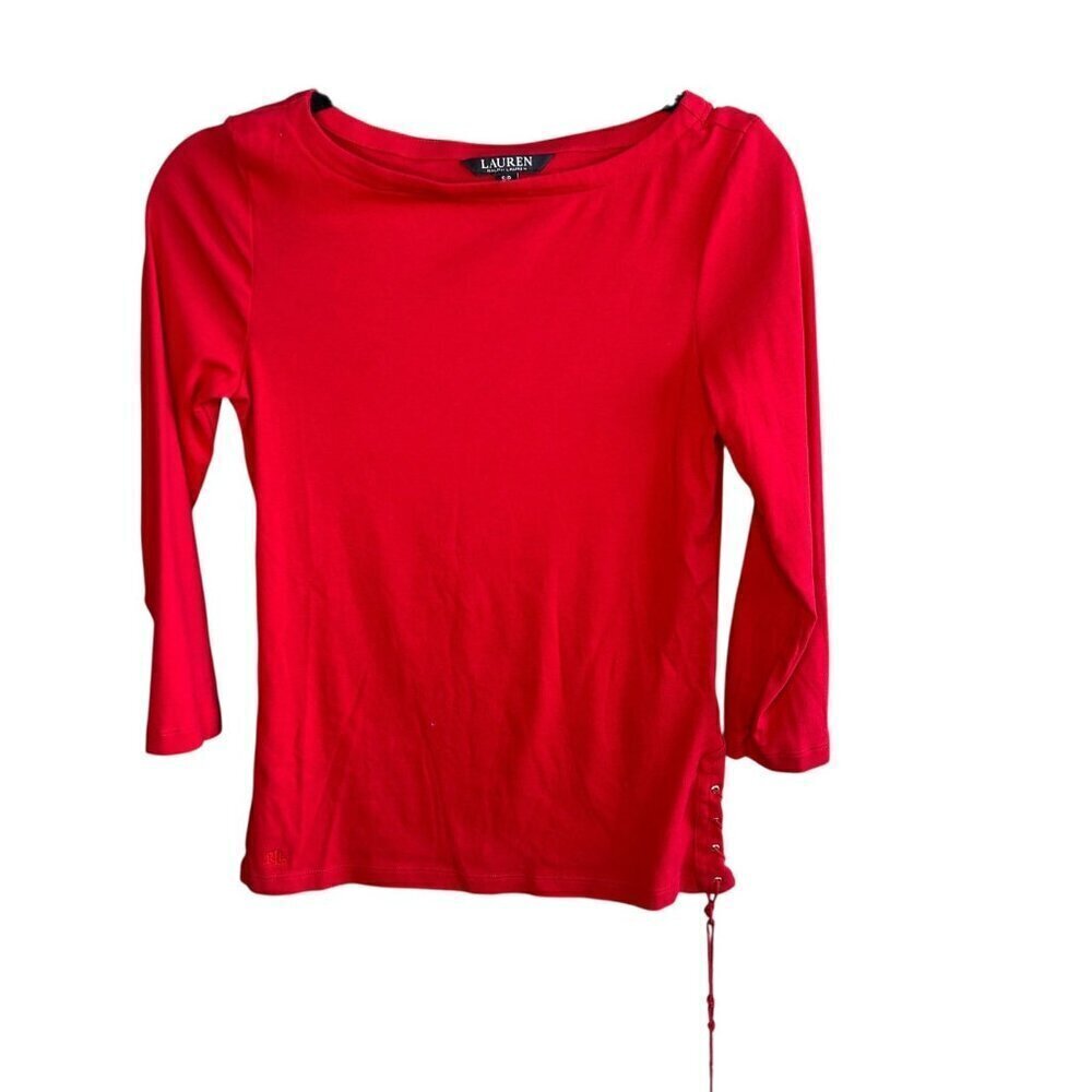 Lauren Ralph Lauren Red Knit Tie Side 3/4 Sleeve Top Tee Size Small